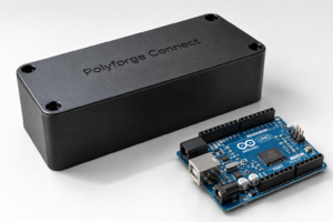 Fekete doboz Polyforge Connect felirattal, mellette egy kék Arduino Uno fejlesztőpanel.